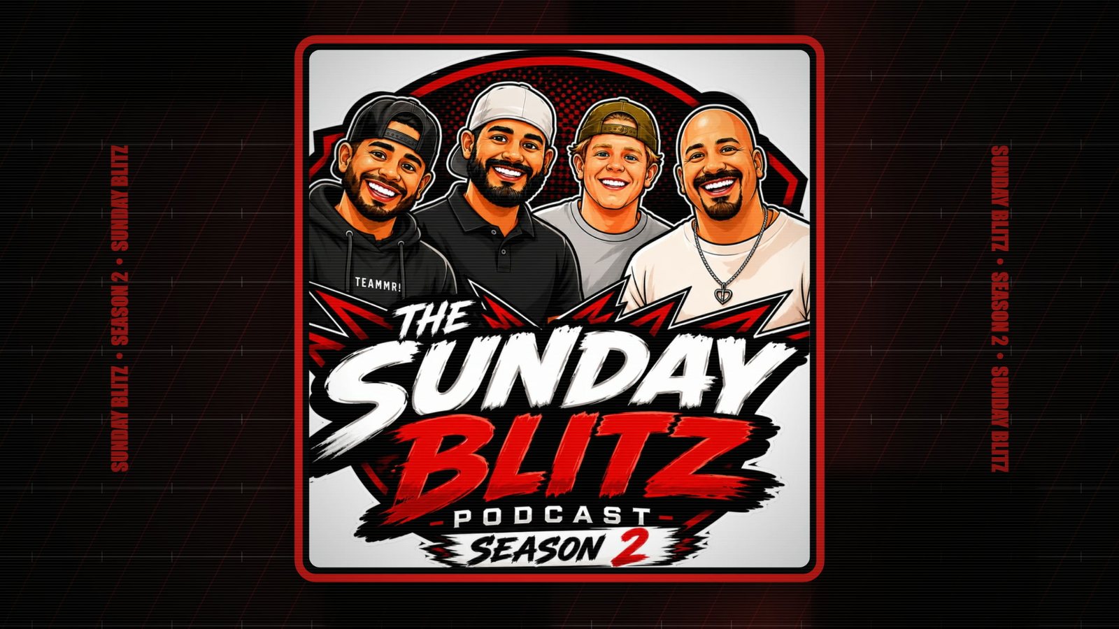 The Sunday Blitz Podcast Season 2 cover art with Jerry, Chuck, Eddie, and Hern.